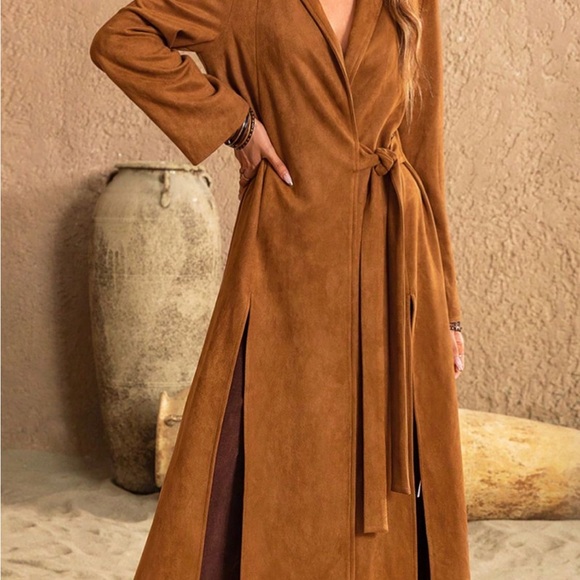 Slit Tied Collared Neck Longline Coat - Picture 7 of 8